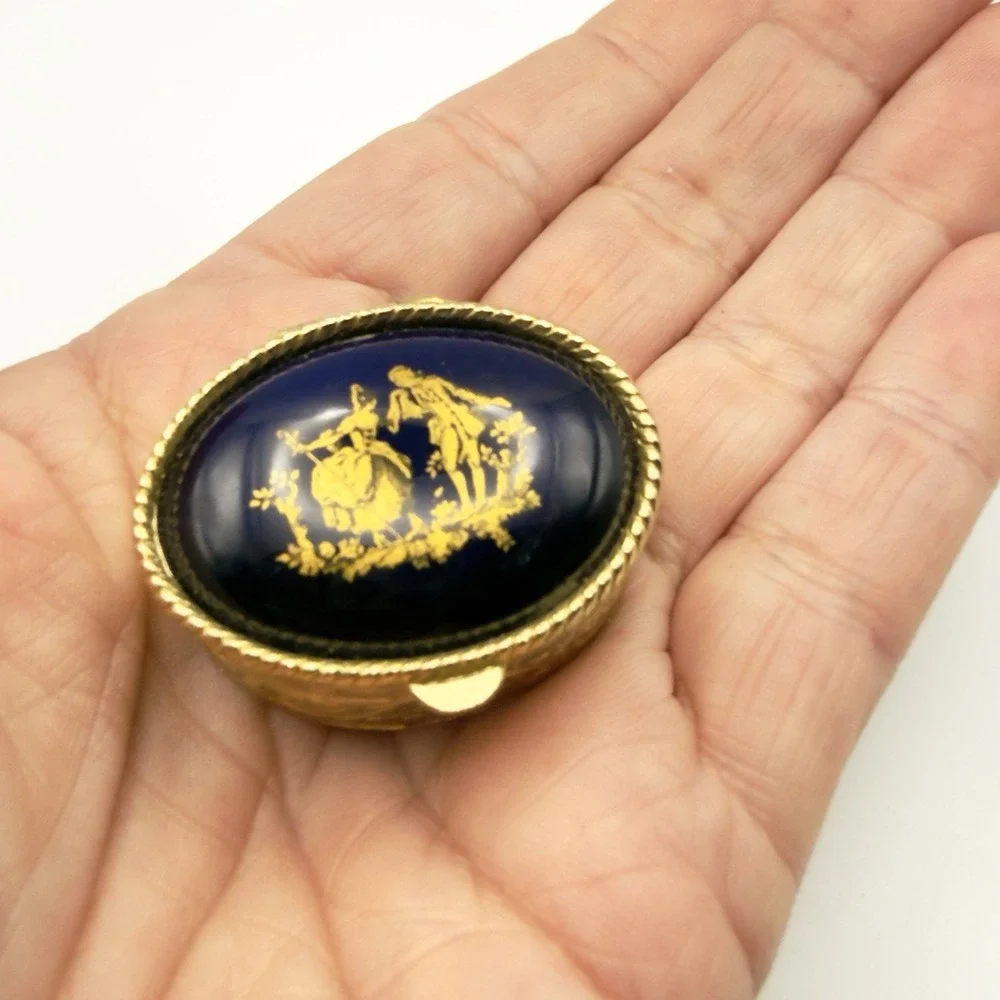 Trinket Pill Box Cobalt Blue Fragonard Courting Couple Gold Tone Oval Hinged